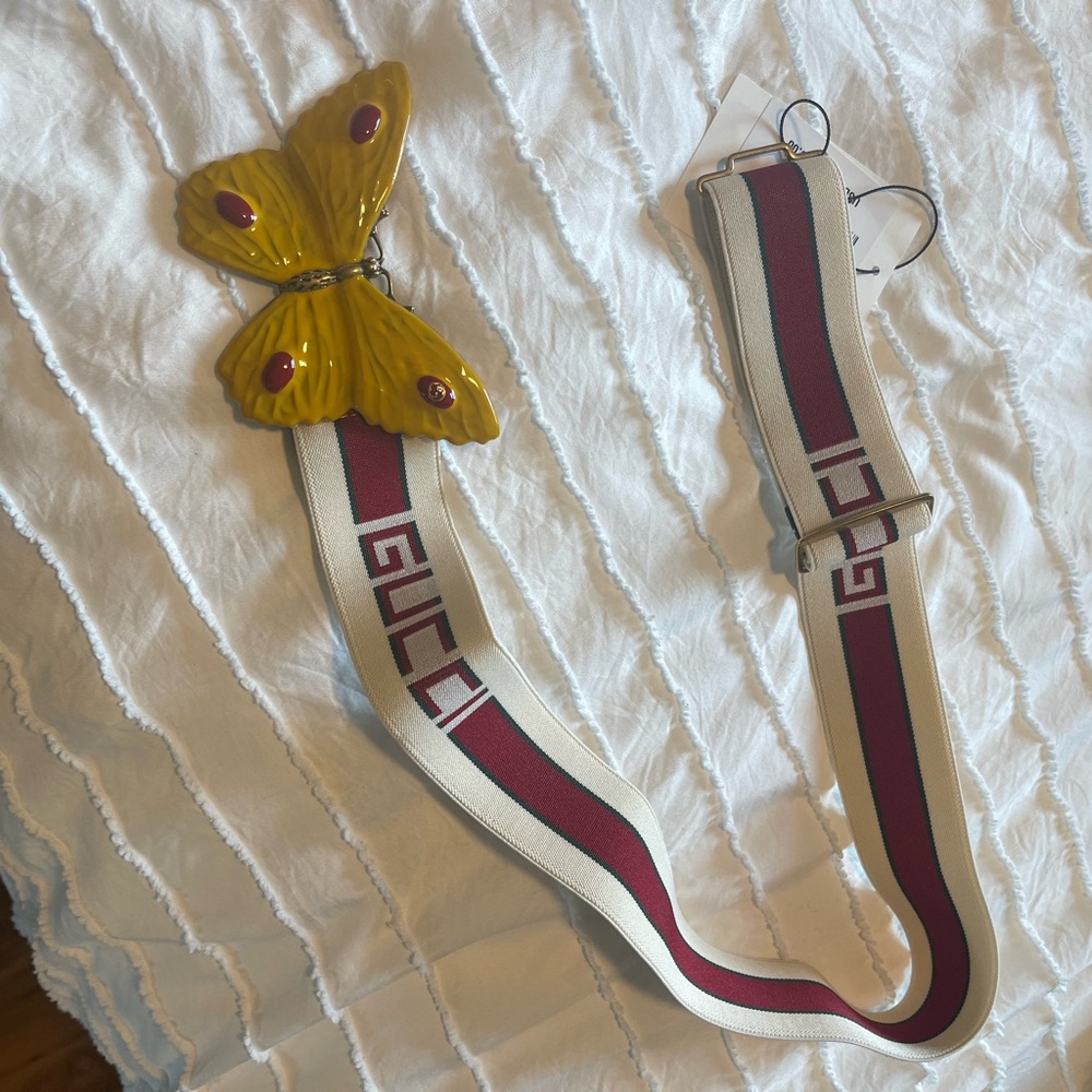 Gucci Yellow Butterfly Buckle Belt with Red and Cream Stripes